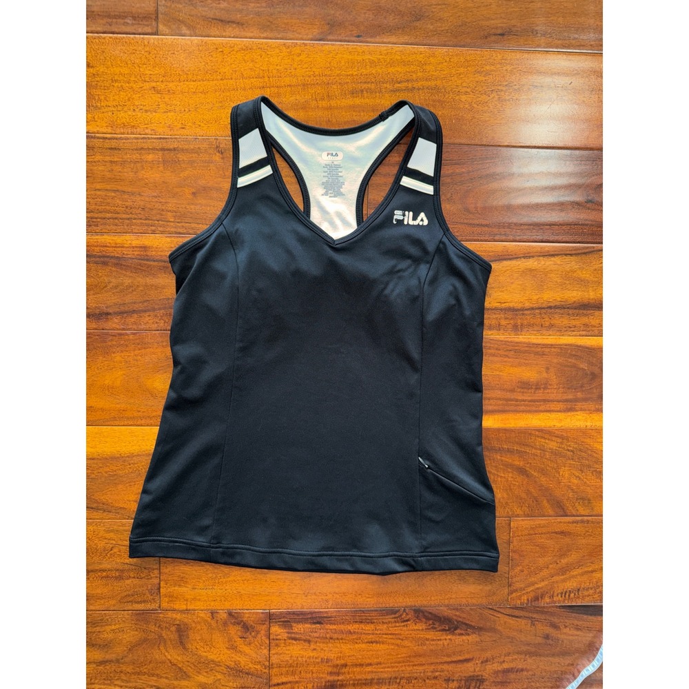 Fila Sport Tank Top Womens M Black Good Racerback V-Neck Zip Pocket Activewear